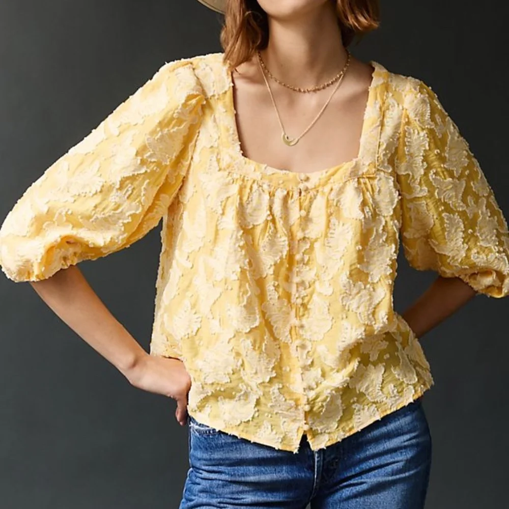 Anthropologie Yvonne Yellow Square Neck Dimensional Textured Button Front Top S